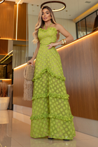 Vestido Longo Forrado Poá Premium com Babados Elegance