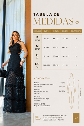 Vestido Longo Forrado Poá Premium com Babados Elegance