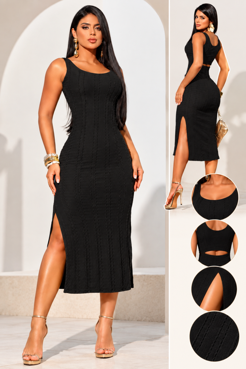 Vestido Midi Feminino Forrado Texturizado 3D com Fenda