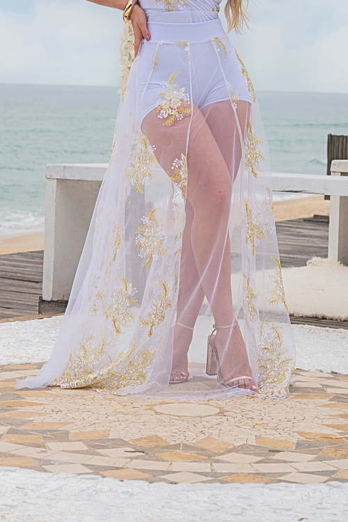 Saia Marquezine Tule Branca Com Dourado